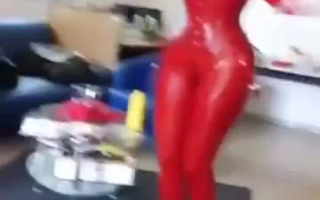 Latex red playgirl gf pleases a dildo with her pussy upside-down table, before getting hammered
