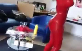 Latex slave pussy pounded in bottle