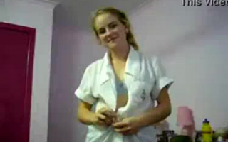 Blonde cutie, in a pink dress, Kristen Scott is getting fucked in the kitchen, all day